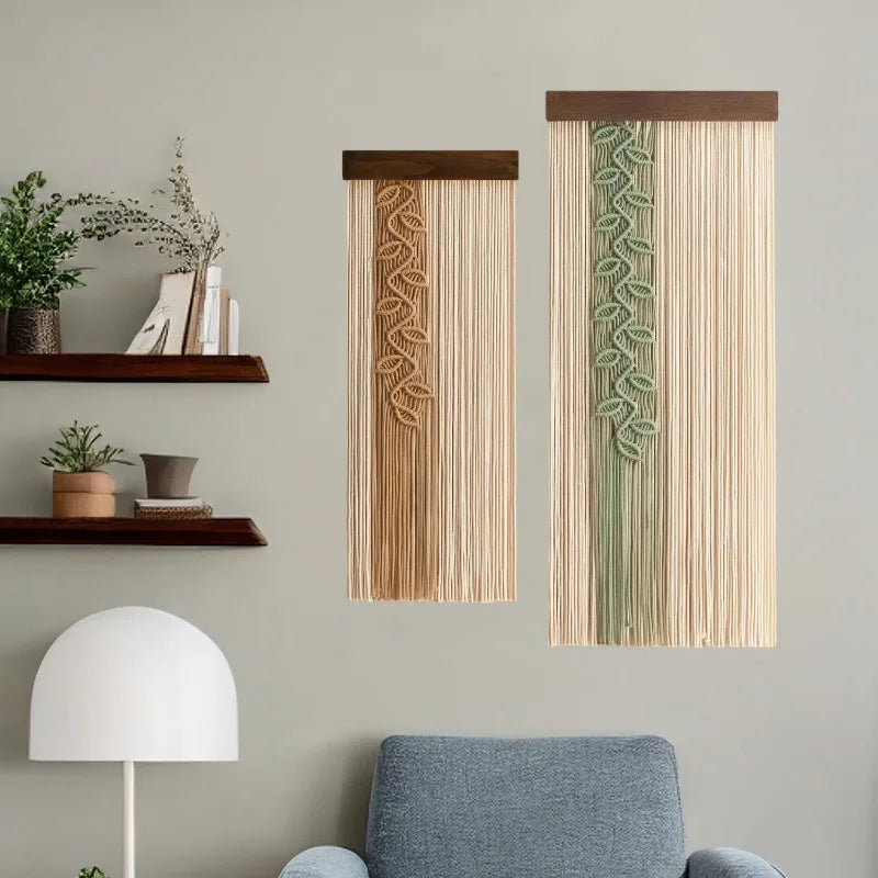 rideau corde motif feuilles moderne beige vert clair artisanal opacité