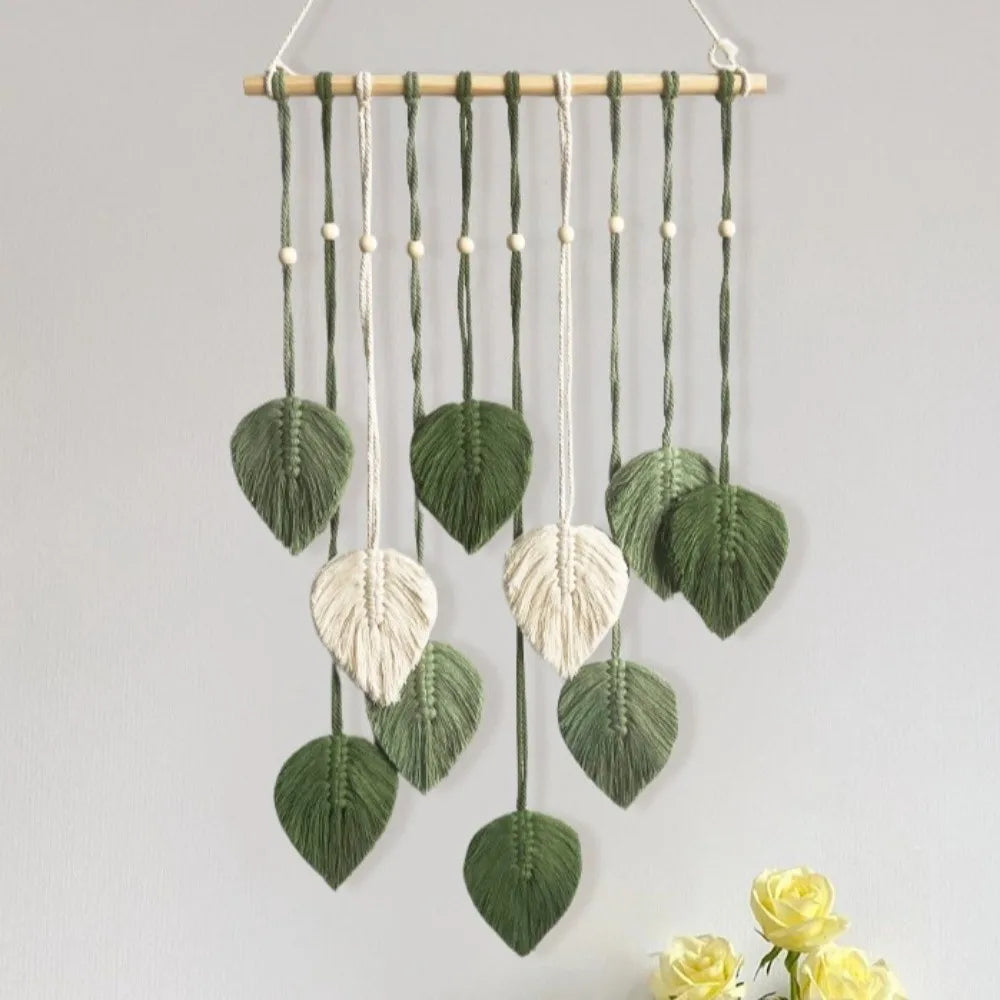 mobile mural vert blanc feuilles motif main tissée suspension simple decoration