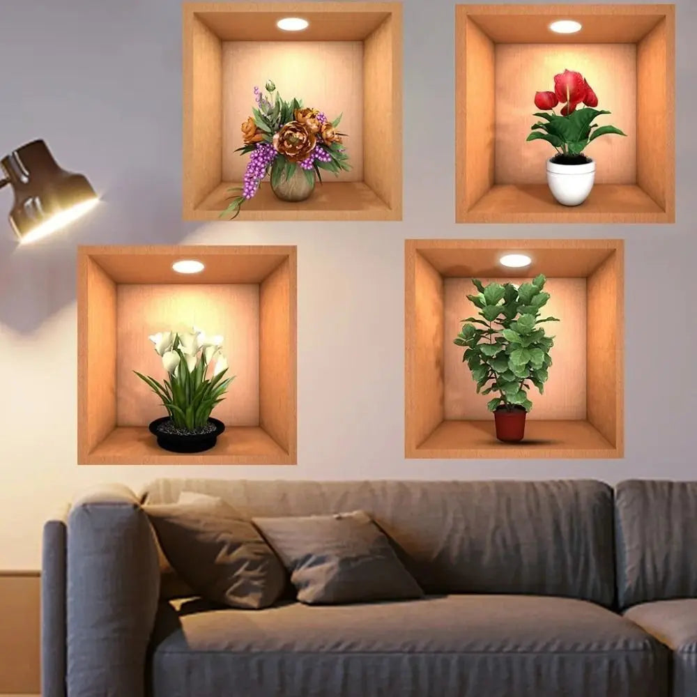 décorations murales adhésives plantes artificielles feuilles fleurs moderne pots vert rouge blanc marron