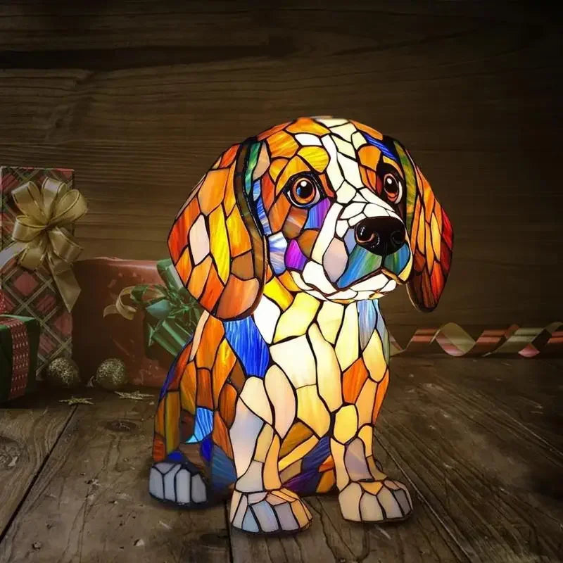 lampe posée chien multicolore mosaïque art deco résine opaque chambre salon