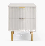 table nuit tiroirs moderne bois blanc doré rayures minimalistes chambre salon