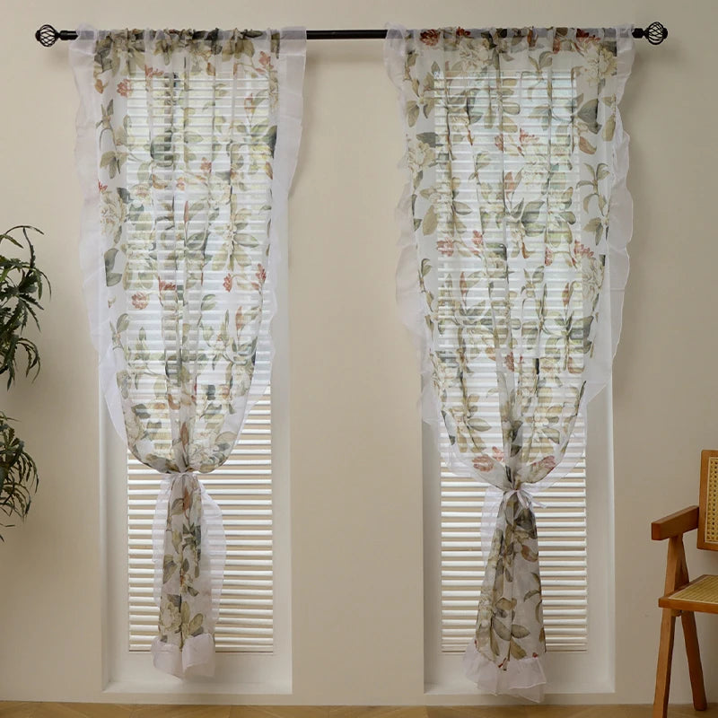 rideau tulle translucide imprimé floral fenetre maison pastorale decoration champetre anneaux tringle