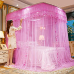 Un lit à baldaquin rose, encadré de rideaux transparents, créant une atmosphère chaleureuse et romantique dans cette chambre élégante.
