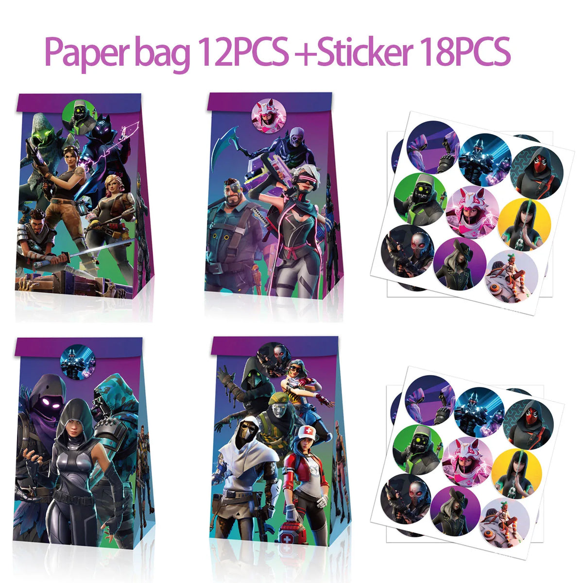 sacs cadeaux Fortnite anniversaire personnages dessin animé motifs opalescents sucettes bonbons festifs enfants violet