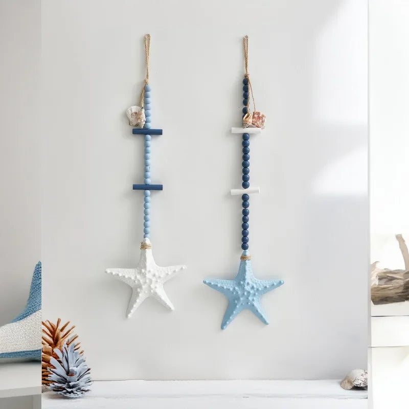 décoration murale marin étoiles mer coquilles blanc bleu clair bleu foncé texture bois fixations
