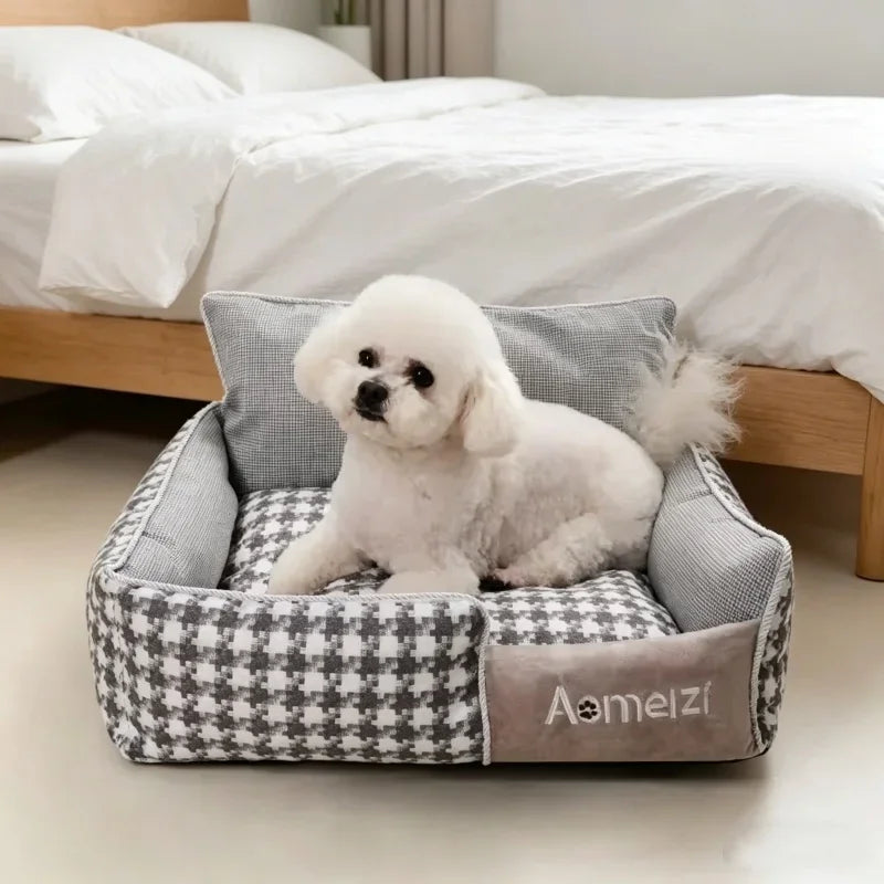lit chien tissu doux carreaux gris blanc coussin matelas confortable amovible lavable intérieur
