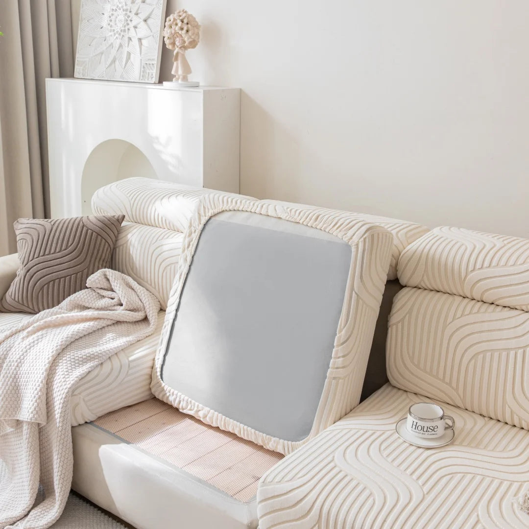 housse canapé beige clair polaire jacquard rayures horizontales extensible salon moderne