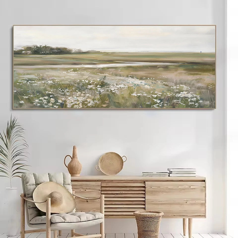 toile d'art paysage champêtre fleurs blanches ciel nuageux peinture l'huile verte réaliste sans cadre