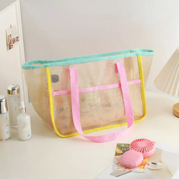 sac plage maille transparent décontracté multi usages pliables polyestère rose beige ventilateur cosmétique lunettes