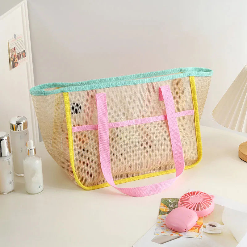sac plage maille transparent décontracté multi usages pliables polyestère rose beige ventilateur cosmétique lunettes