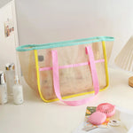 sac plage maille transparent décontracté multi usages pliables polyestère rose beige ventilateur cosmétique lunettes