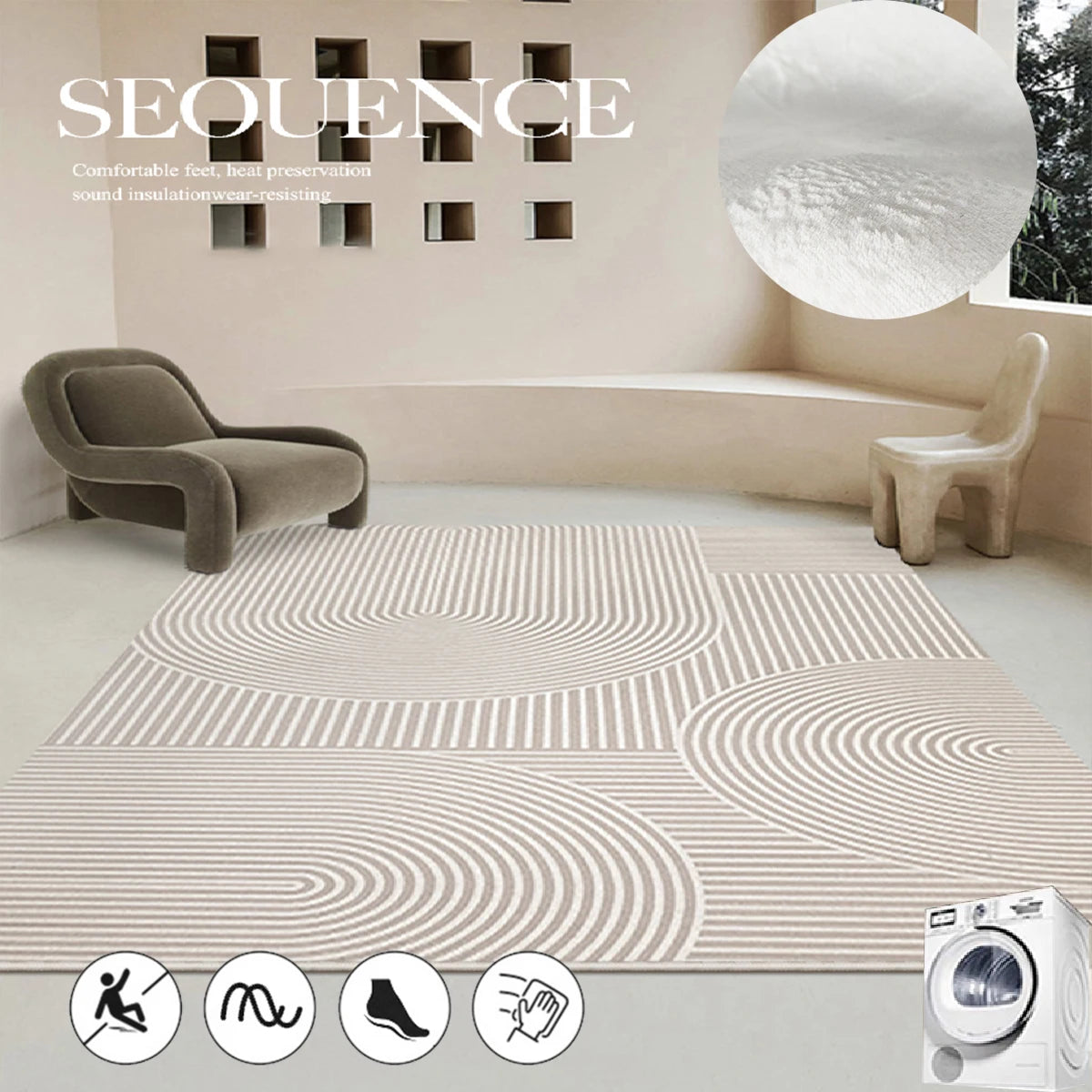 Un salon moderne avec des meubles confortables et un motif géométrique distinct sur le sol, offrant une isolation acoustique et de la chaleur.