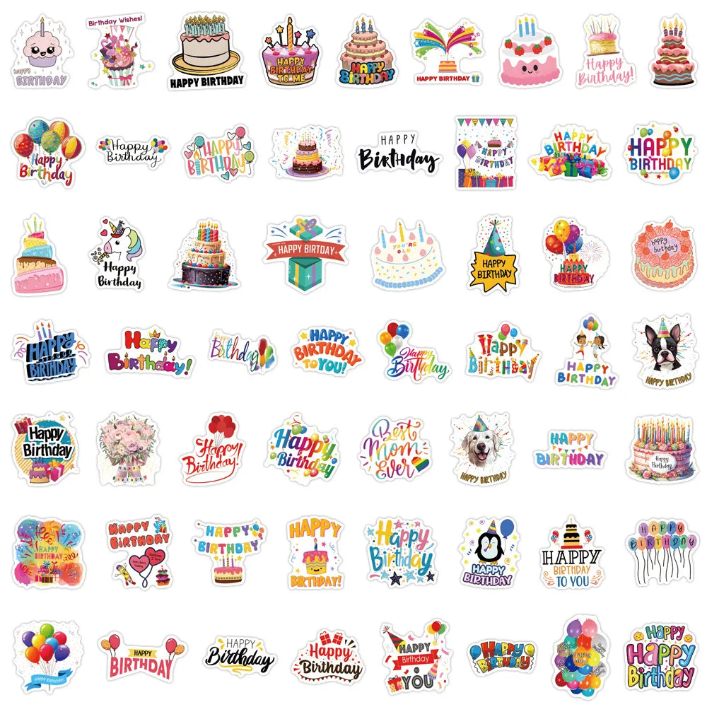 stickers happy birthday multicolores gâteaux ballons animaux étanches pvc festifs enfants décoration