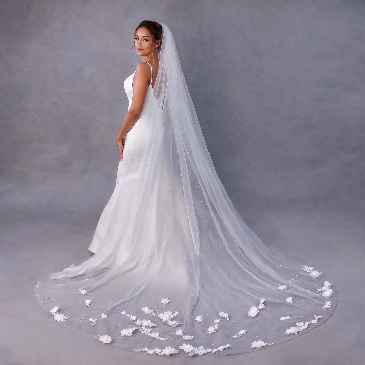 voile mariée blanc fleurs blanches classique bridal prom wedding translucent adult female