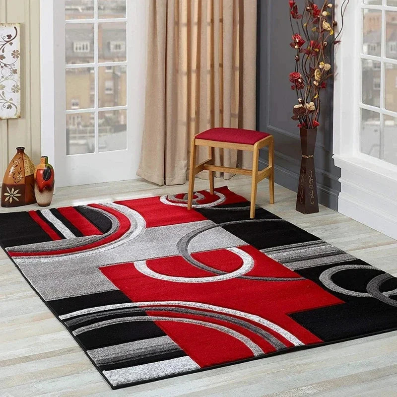 tapis salon moderne motif géométrique rouge noir gris blanc antidérapant lavable confortable intérieur maison