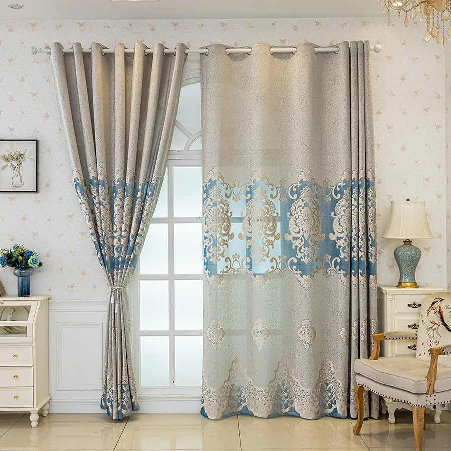 rideaux polyester broderie florale semi opaque classique beige bleu clair gris