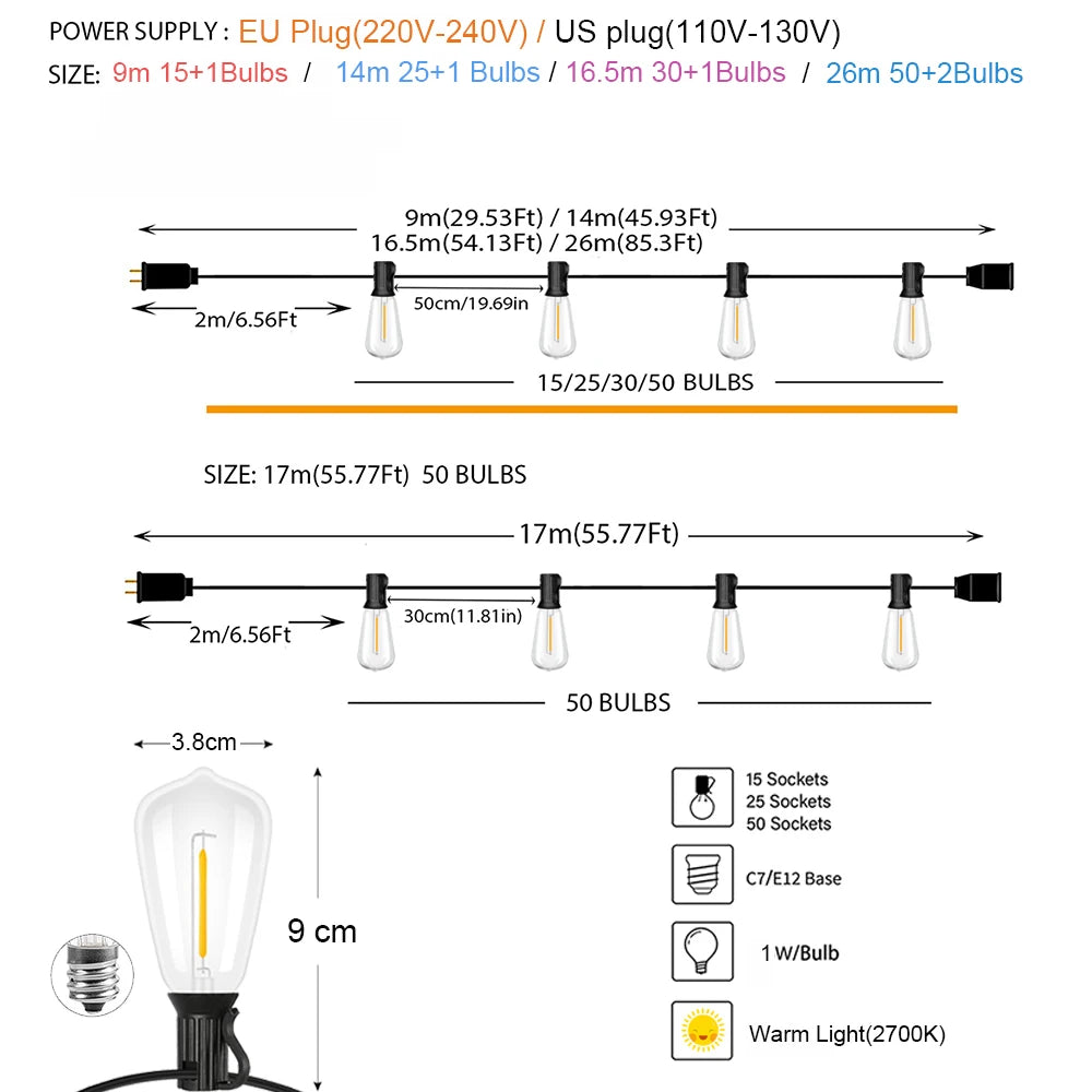 guirlande lumineuse led transparente vintage 15 ampoules 9m clips intégrés blanc noir moderne