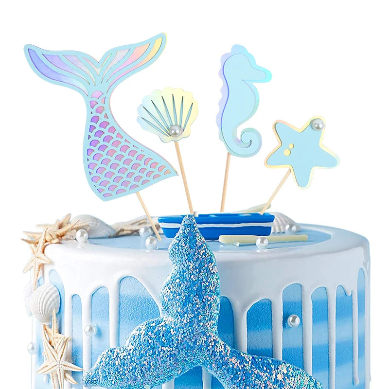 décoration gâteau thème sirène hippocampe coquillage étoile mer mariage anniversaire sous marin bleu rose