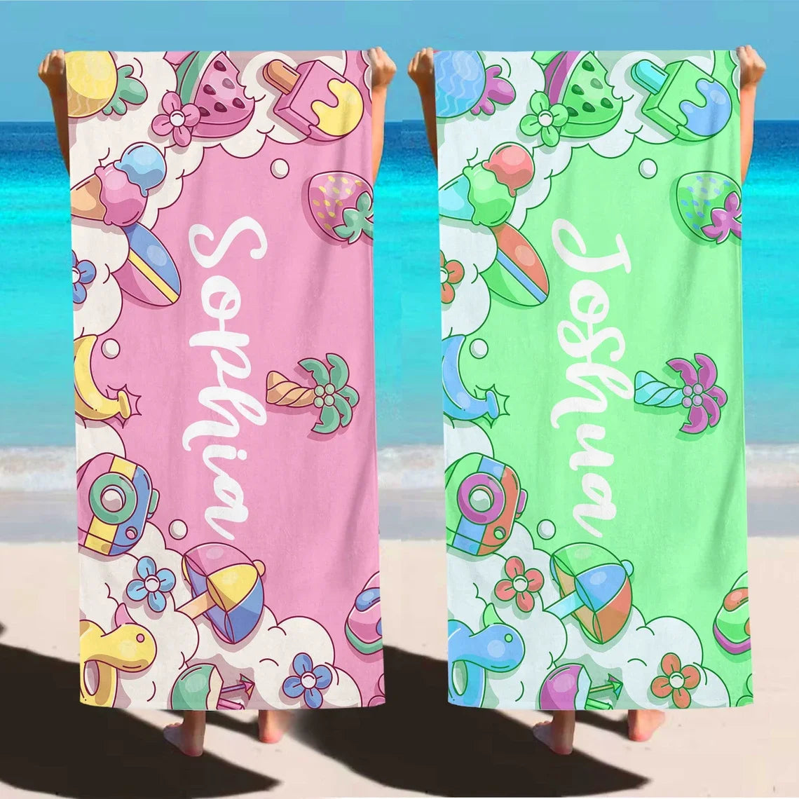 serviette plage microfibre rapide absorption dessin animé fruits palmiers coloré moderne enfants pâques rose