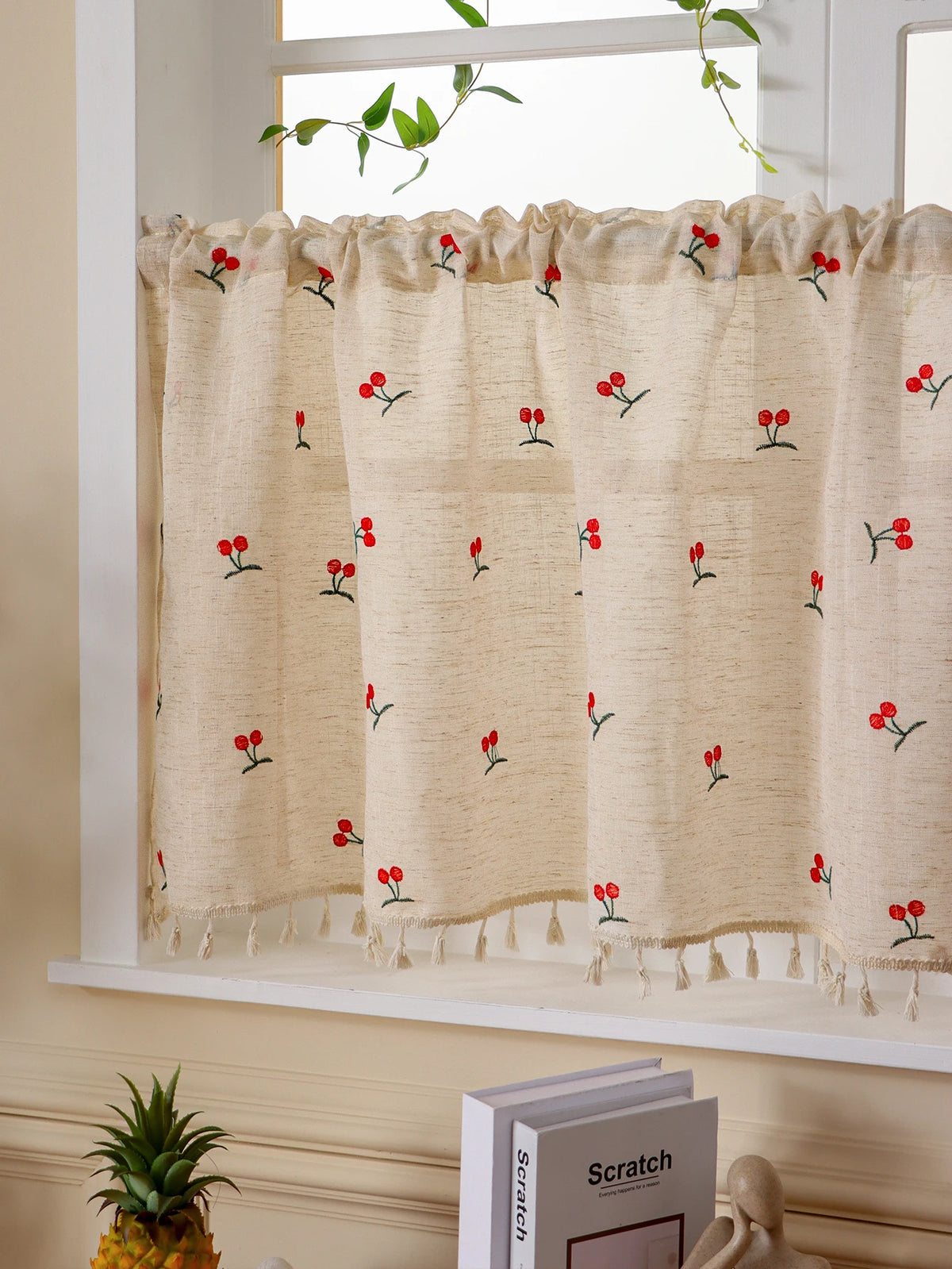 rideau lin brodé fleurs rouge vert beiges opaques tassels chambre cuisine 100x60cm 150x60cm 180x60cm