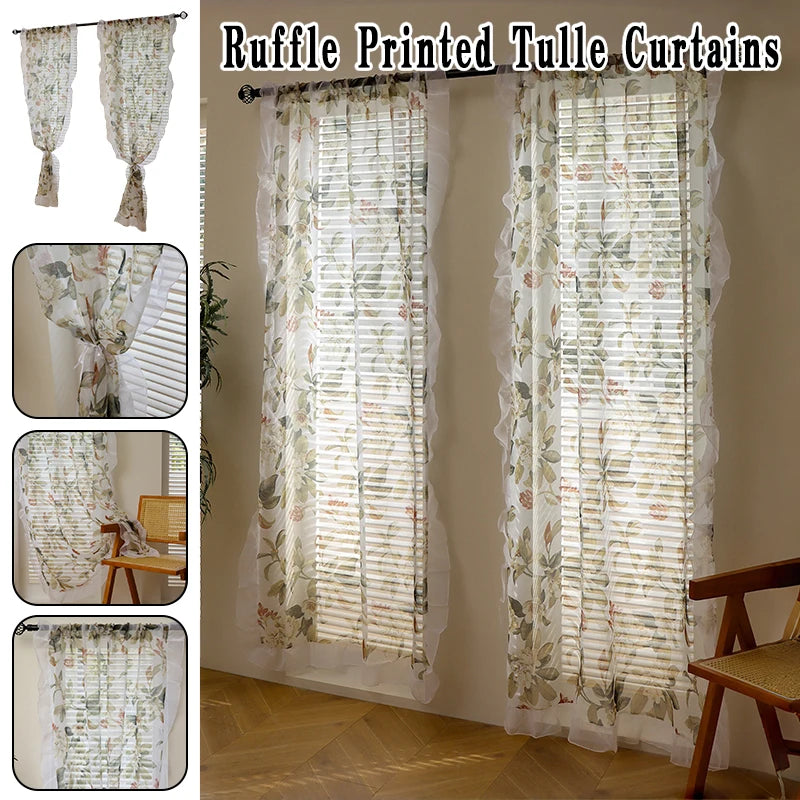 rideau tulle translucide imprimé floral fenetre maison pastorale decoration champetre anneaux tringle