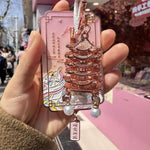 porte clés artisanal pagodes bleu doré rose blanc oiseaux décoratif(chainé)