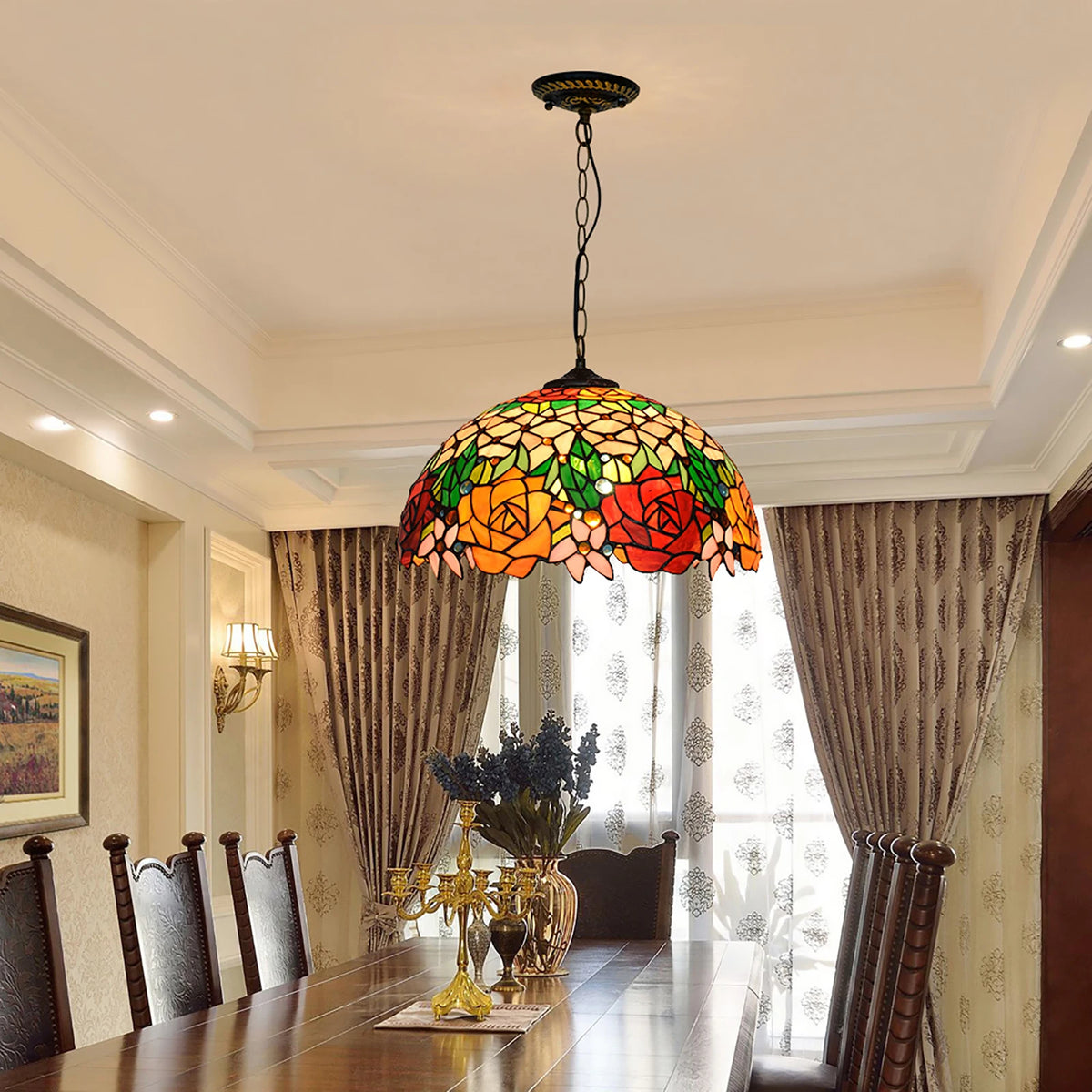 Lampe suspendue Tiffany mosaïque fleurs multicolore opacité chaîne salon chambre