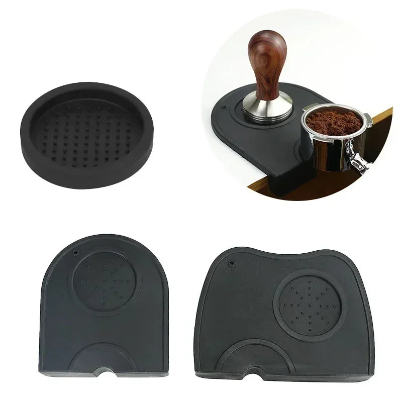 tapis antidérapant silicone noir support espresso tassement outil barista accessoire cuisine minimaliste fonctionnel