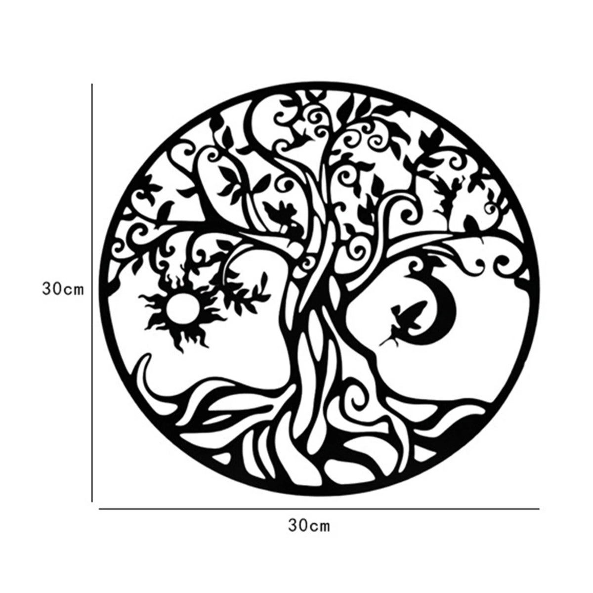 décoration murale résine noir blanc arbre soleil lune oiseau bohème 30cmx30cm