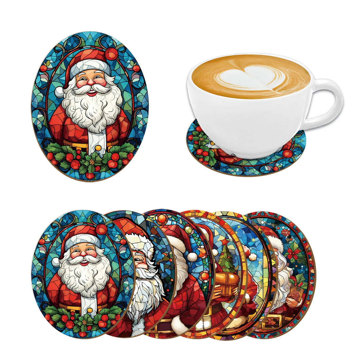 sous verres bois motifs noël vitrail père noël multicolore artisanal festive opaques