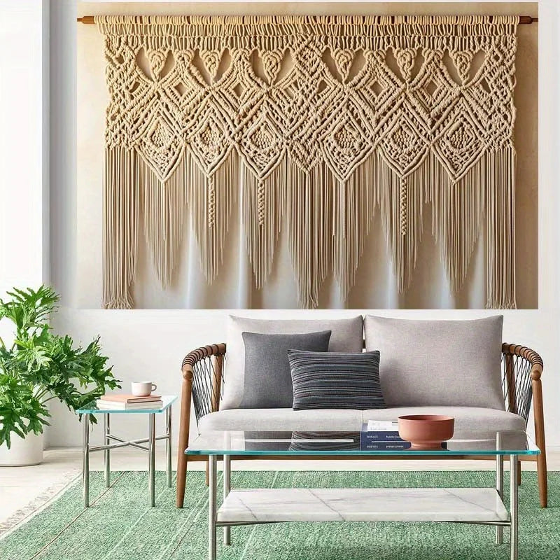 rideau macramé boho chic motifs géométriques franges beige clair occasion fête anniversaire mariage