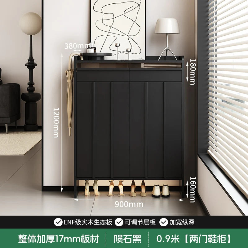 meuble entrée moderne noir panneaux verticaux lisses rangement tabouret coussin plaques mesure