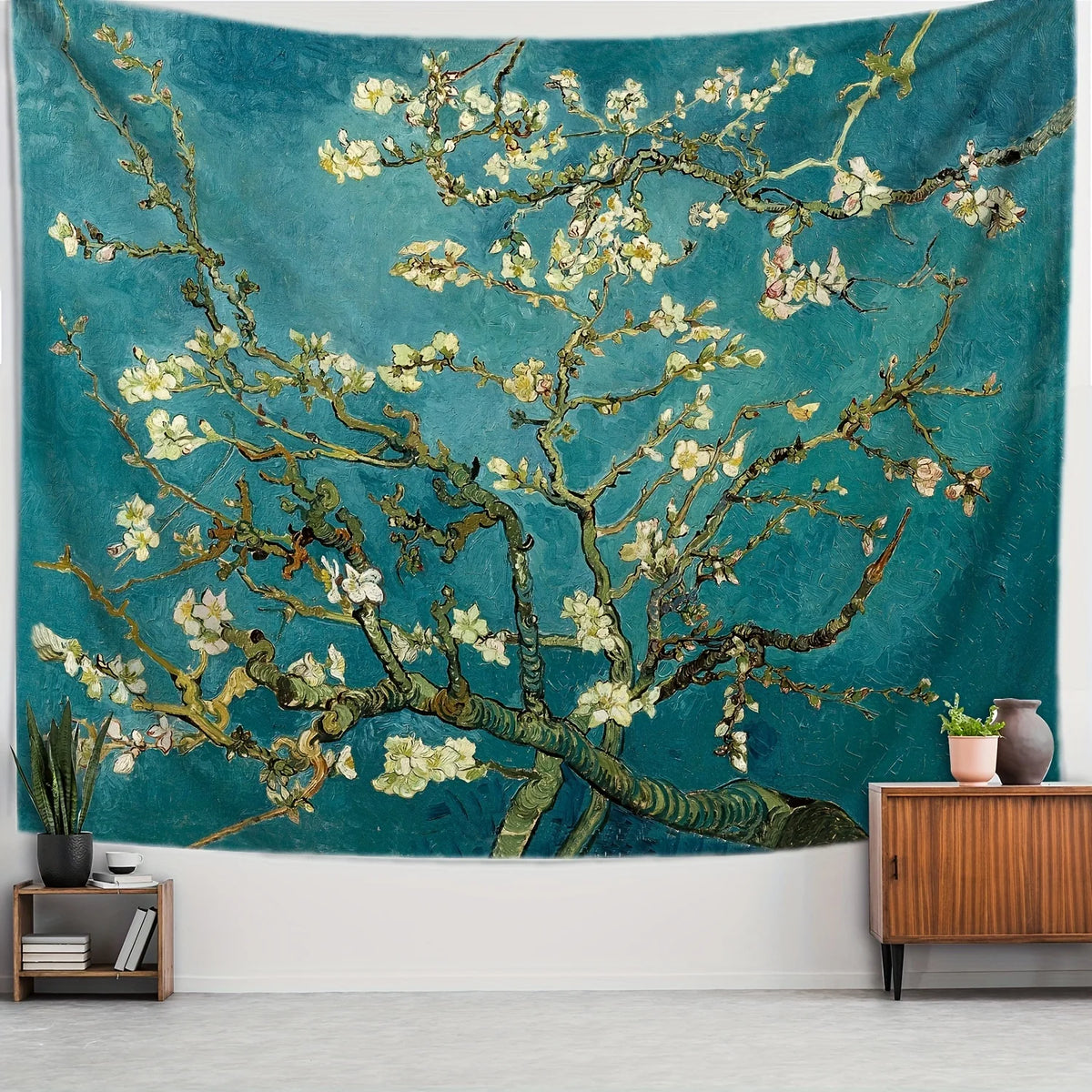 tapisserie impressionniste fleurs blanches fond bleu salon chambre décoration murale polyester lavable machine