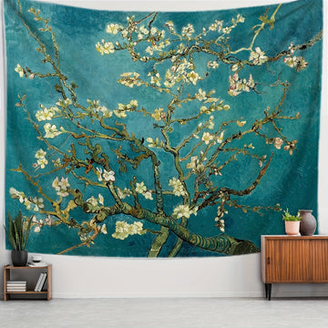 tapisserie impressionniste fleurs blanches fond bleu salon chambre décoration murale polyester lavable machine