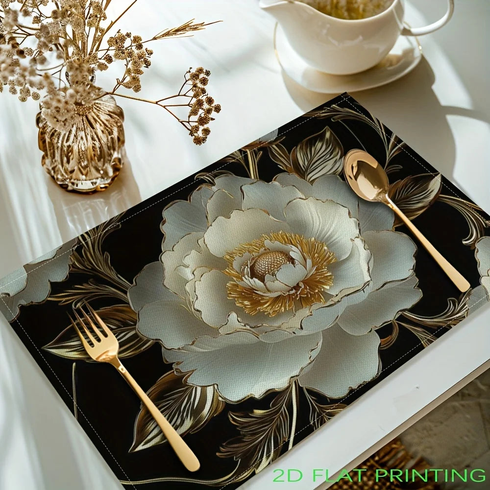 tapis table fleur blanche dorée fond noir classique élégant cuillère tasse livre vase