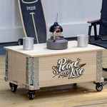 table basse vintage industrielle bois roulettes accessoires métal gris rectangle multifonctionnelle assemblage