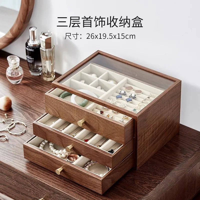 coffret bijoux bois marron tiroirs poignées dorées rangement moderne minimaliste