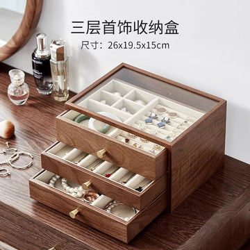 coffret bijoux bois marron tiroirs poignées dorées rangement moderne minimaliste