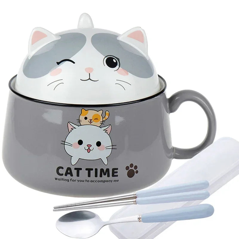 tasse soupe couvercle céramique porcelaine dessin animé chats bleu rose mignon unique environnement