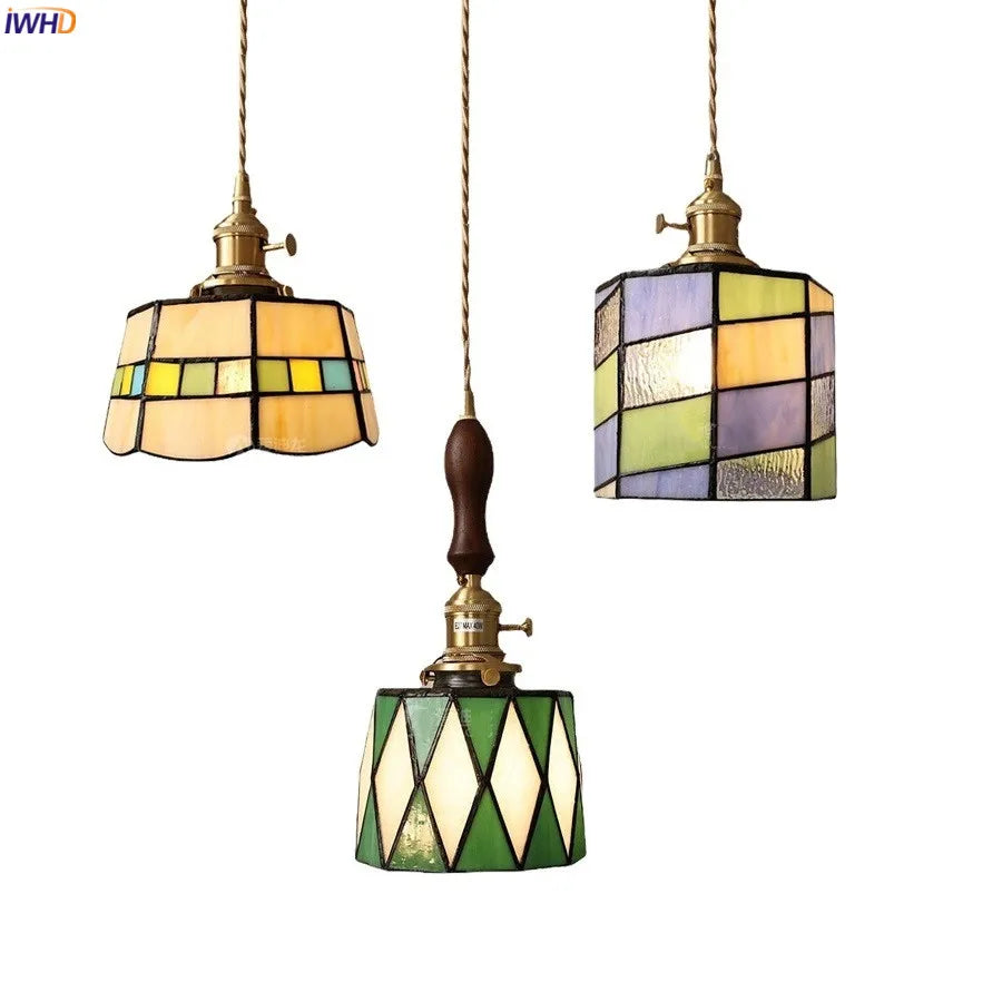 lampe suspendue art deco verre coloré cuivre salon chambre interrupteur cordon ampoule led