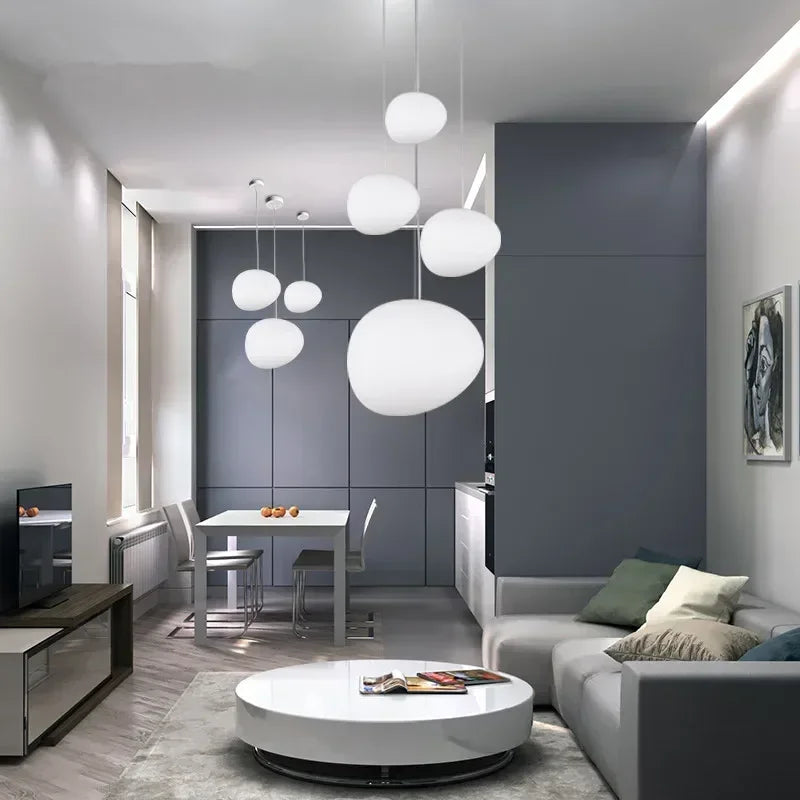 Suspension lumineuse moderne pierre verre blanc opaque câble suspendu chambre salon étude lumière chaude