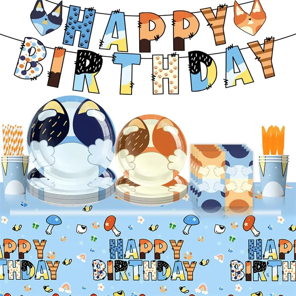kit decoration anniversaire chien bleu assiettes gobelets serviettes guirlande support cupcake decor animaux