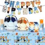 kit decoration anniversaire chien bleu assiettes gobelets serviettes guirlande support cupcake decor animaux