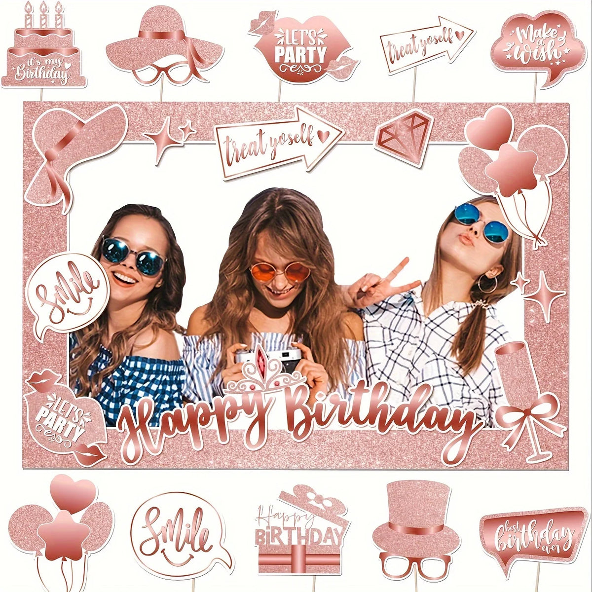 cadre photo pailleté moderne rose pâle brillant clips lettres ballons chapeau lunettes fête anniversaire