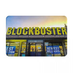 tapis sol antidérapant imperméable coton polyester bleu foncé jaune motif blockbuster video rétro duveteux