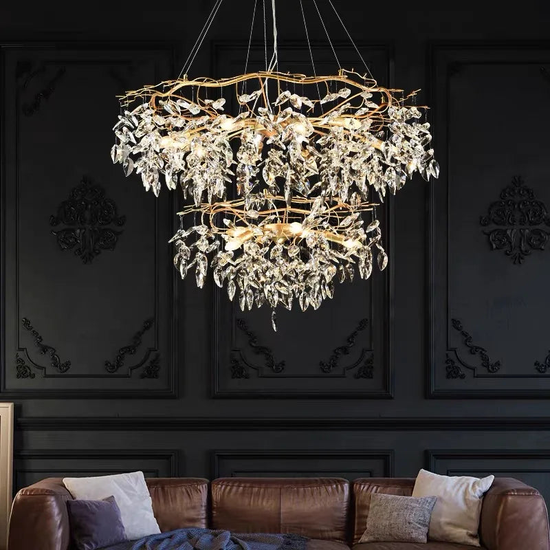 lustre moderne pendentif cristal doré feuilles stylisées led salon chambre