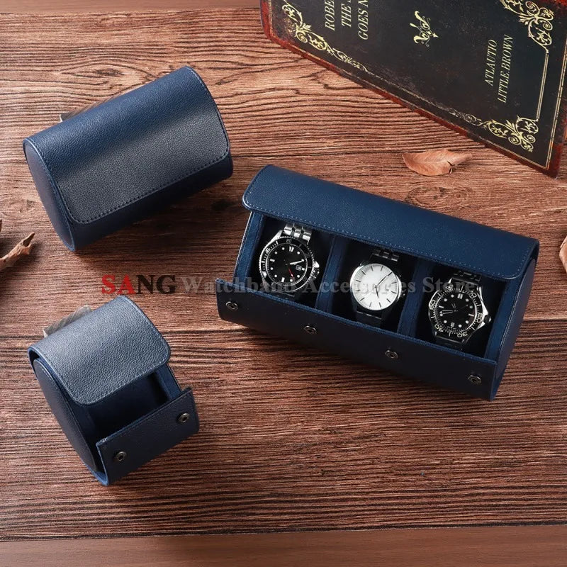 boîtes montres simili cuir bleu marine marron clair classique fixations compartiments sécurité vintage