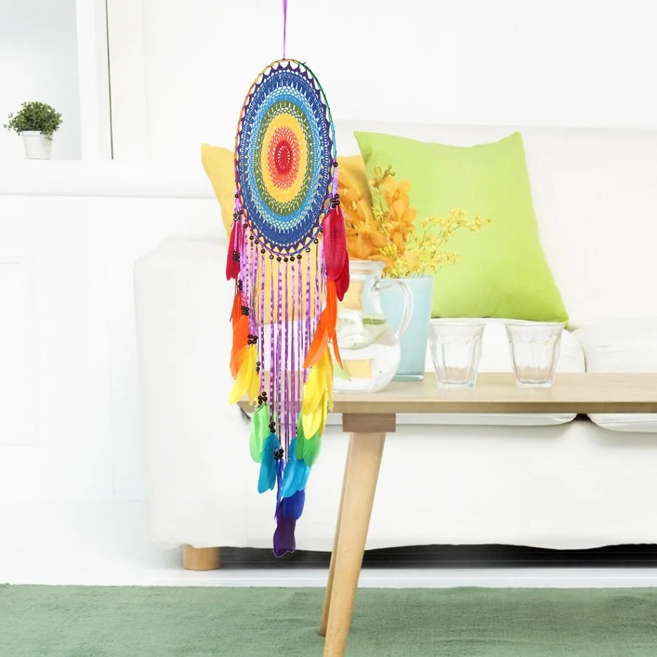 attrape rêves bohème multicolore plumes crocheté tringle décoration chambre salon