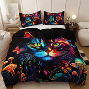 housse couette motif chat néon champignons papillons fantaisie coton hd noir multicolore vibrant erotique