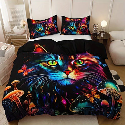 Housse de couette chaton champignon coton blanc